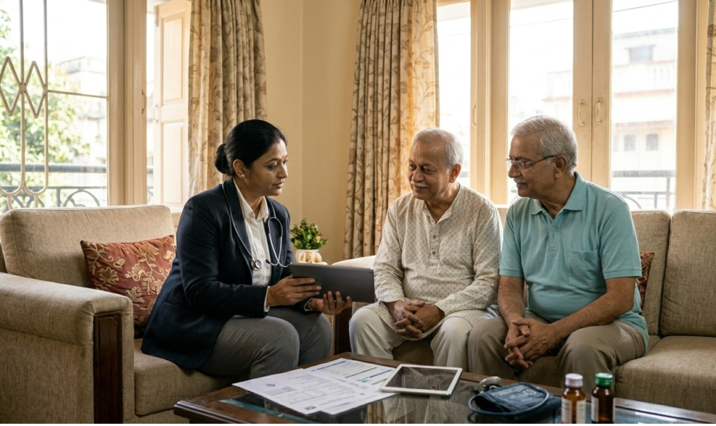 A senior health consultant in Kolkata reviewing medical reports with an elderly couple in a comfortable home setting