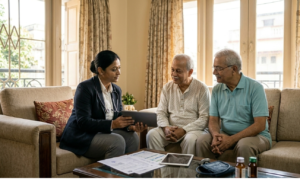 A senior health consultant in Kolkata reviewing medical reports with an elderly couple in a comfortable home setting