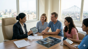 An international patient being greeted by a medical tourism coordinator at Kolkata International Airport