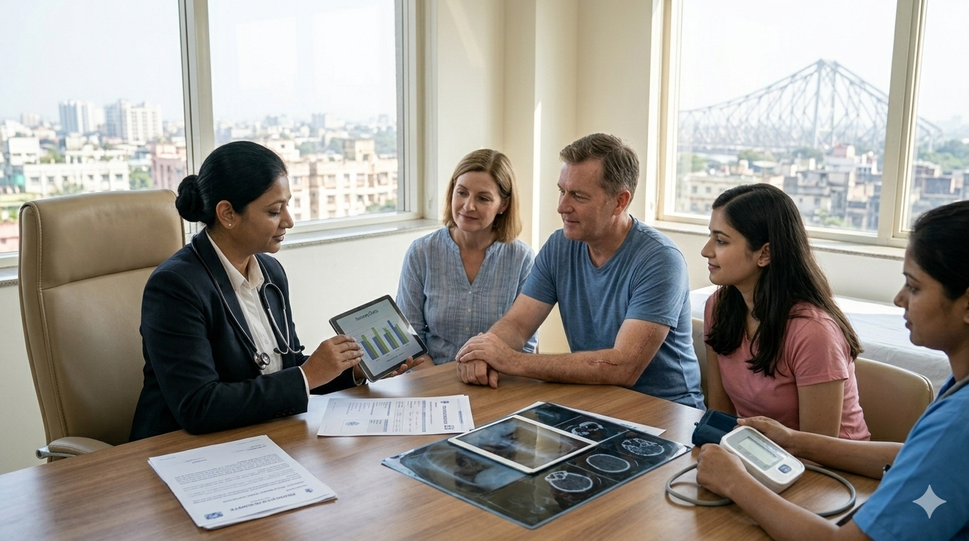 An international patient being greeted by a medical tourism coordinator at Kolkata International Airport