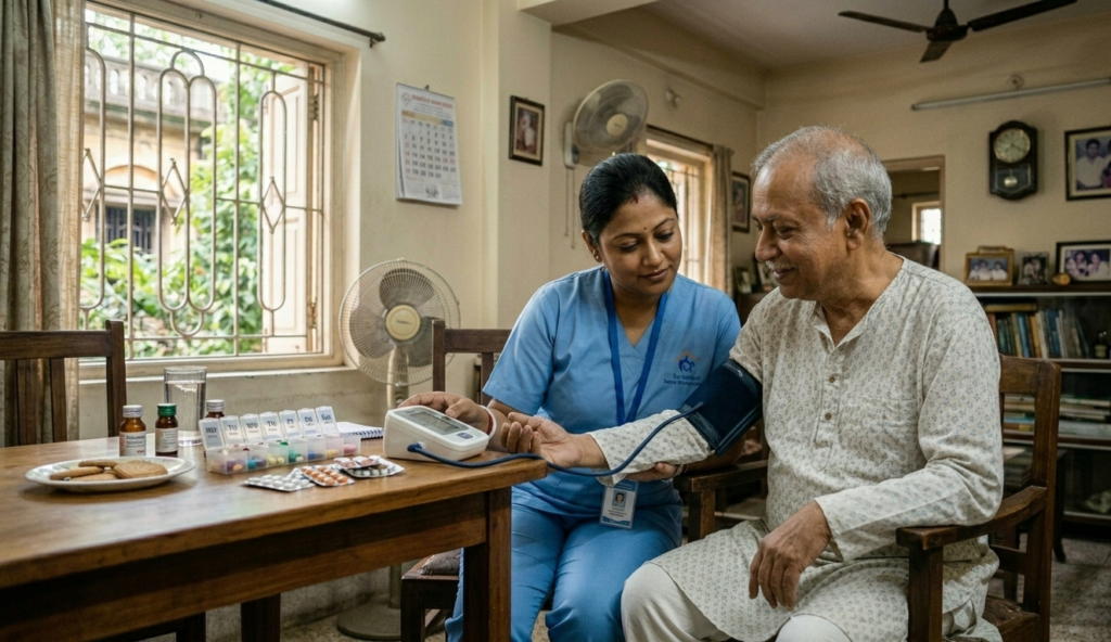 A caregiver checking blood pressure and managing medications for a senior citizen in Kolkata.