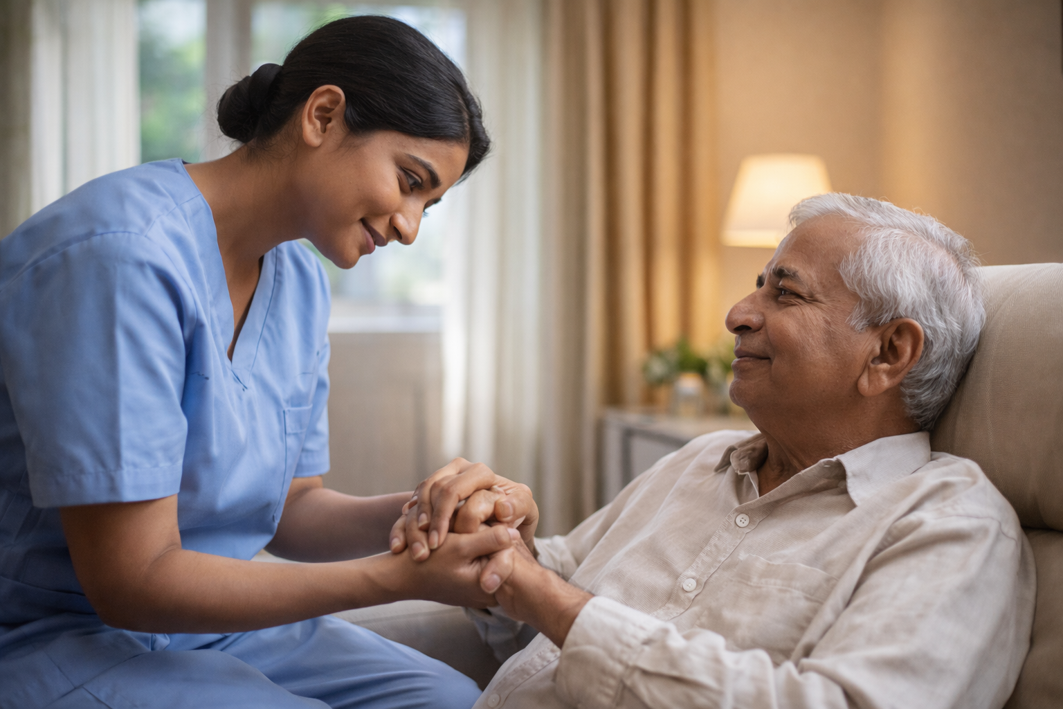 Compassionate caregiver providing palliative care services in Kolkata, holding a senior's hand in a peaceful home setting