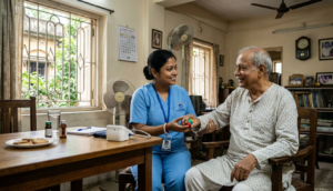 Professional caregiver providing holistic senior citizen care in Kolkata at a resident's home.