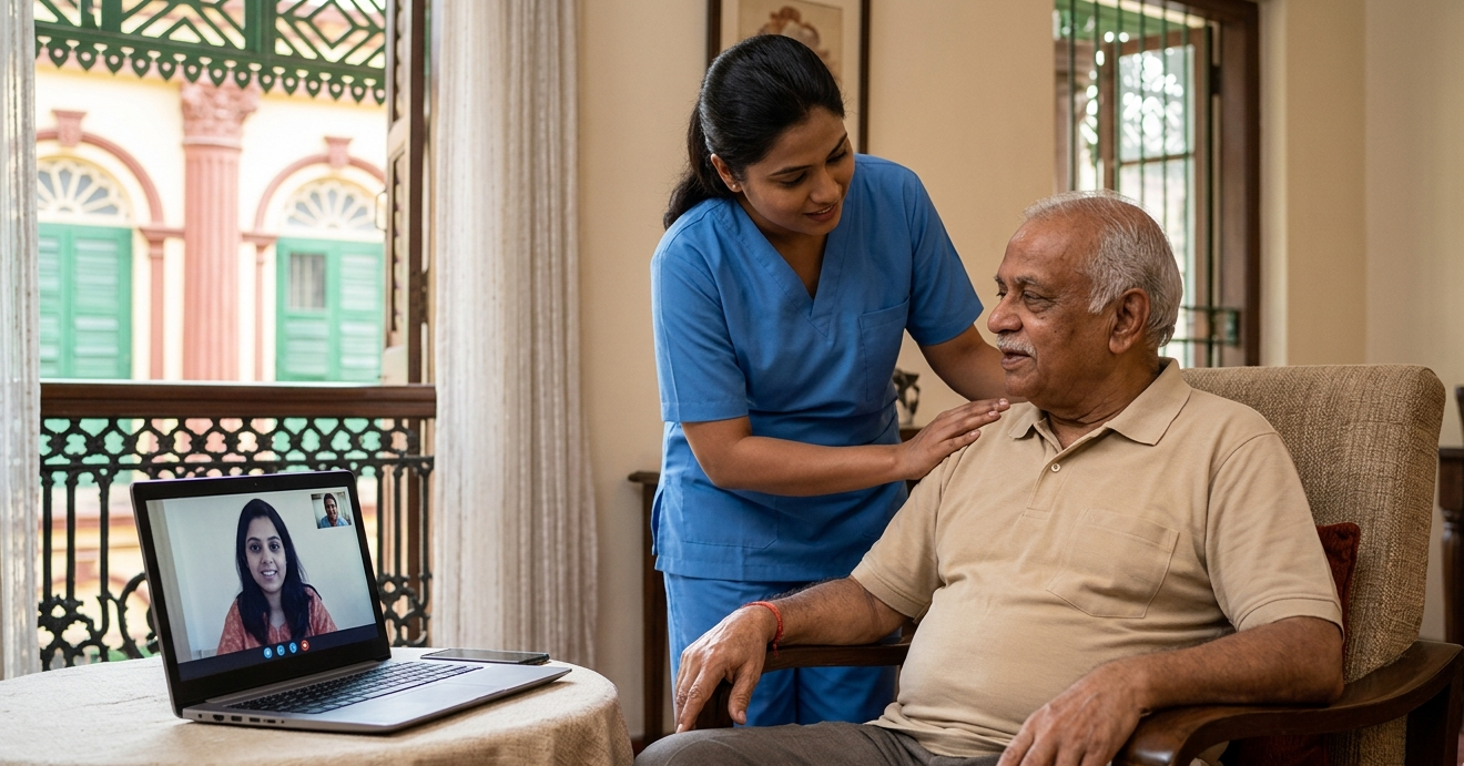 Elder care services in Kolkata professional assisting an NRI senior citizen.