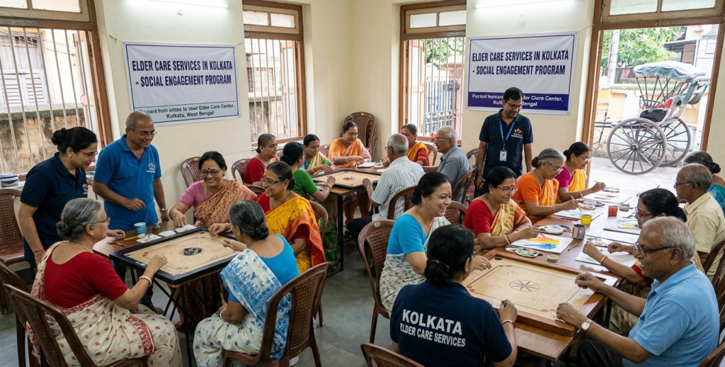 Elder care services in Kolkata providing social engagement for a group of seniors.