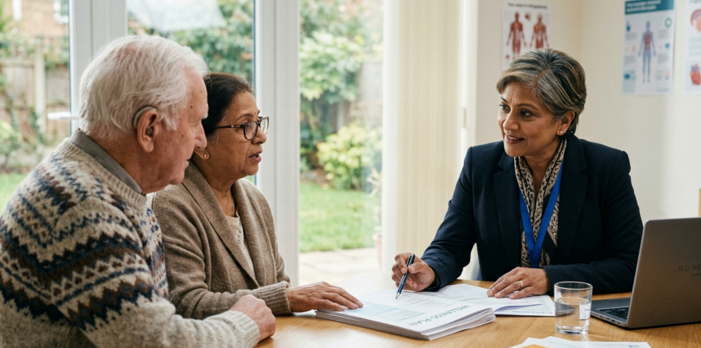 Senior health consultant Patuli discussing a wellness plan with an elderly couple.