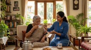 Professional caregiver providing compassionate home care to elderly woman in Kolkata